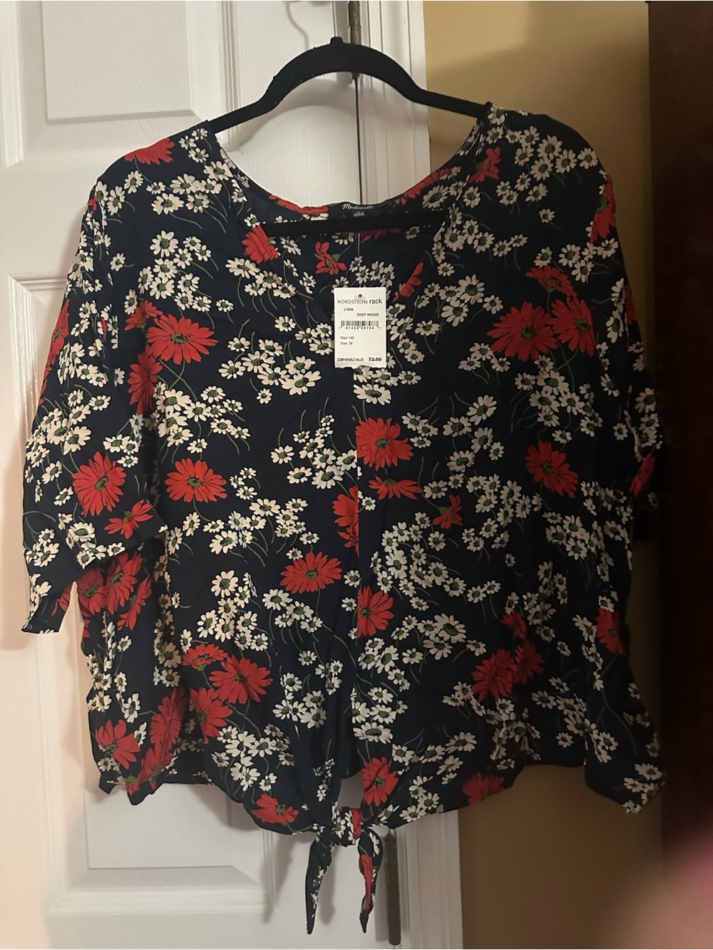 Madewell Navy Floral Tie-Front Blouse with Red & White Flowers